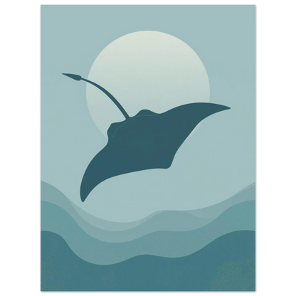 Modern poster med en mantarocka och mjuka vågor i blå färgskala