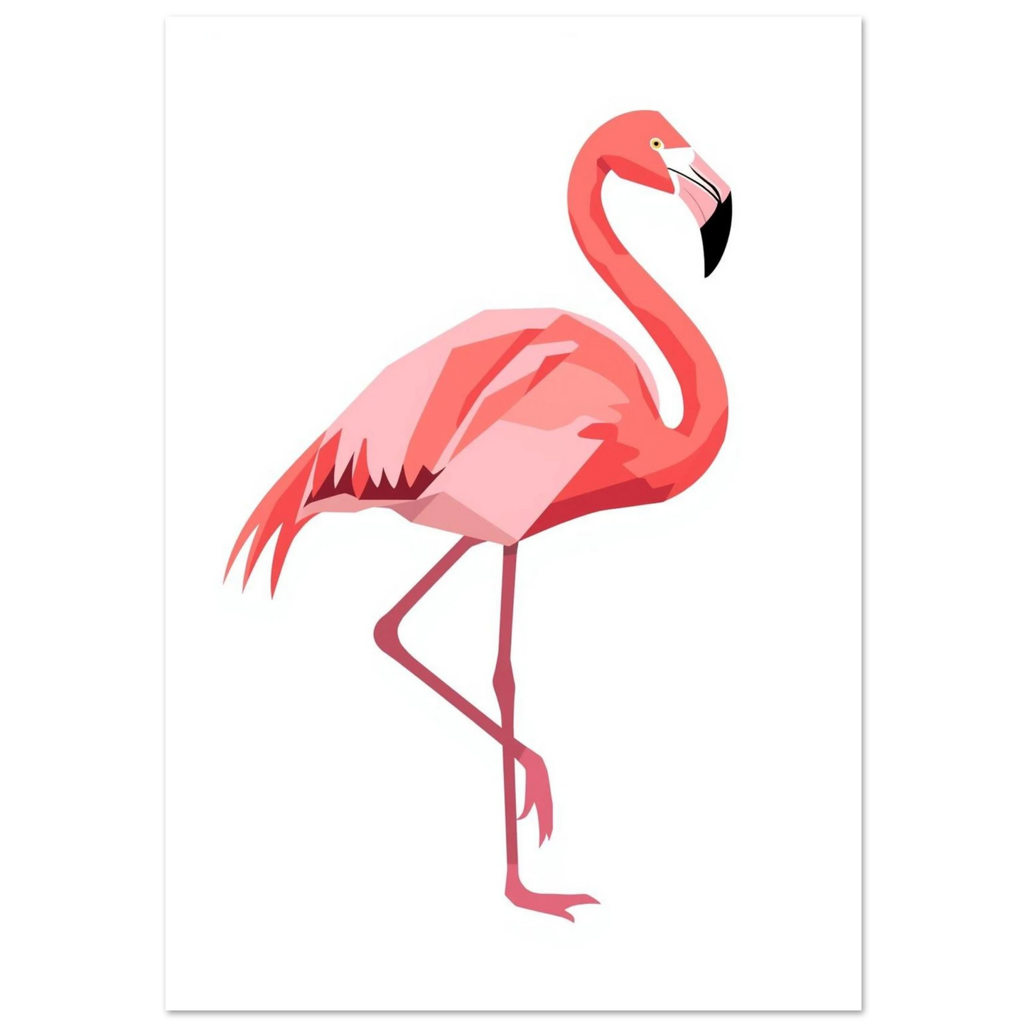 Rosa flamingo i geometrisk stil med skarpa färgfält mot vit bakgrund