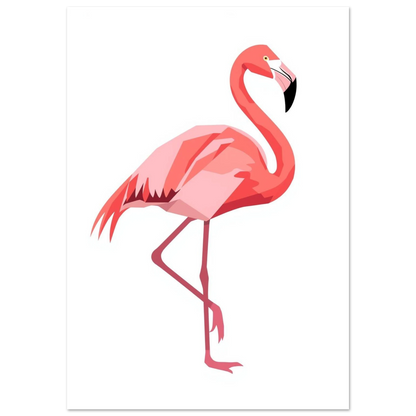 Rosa flamingo i geometrisk stil med skarpa färgfält mot vit bakgrund