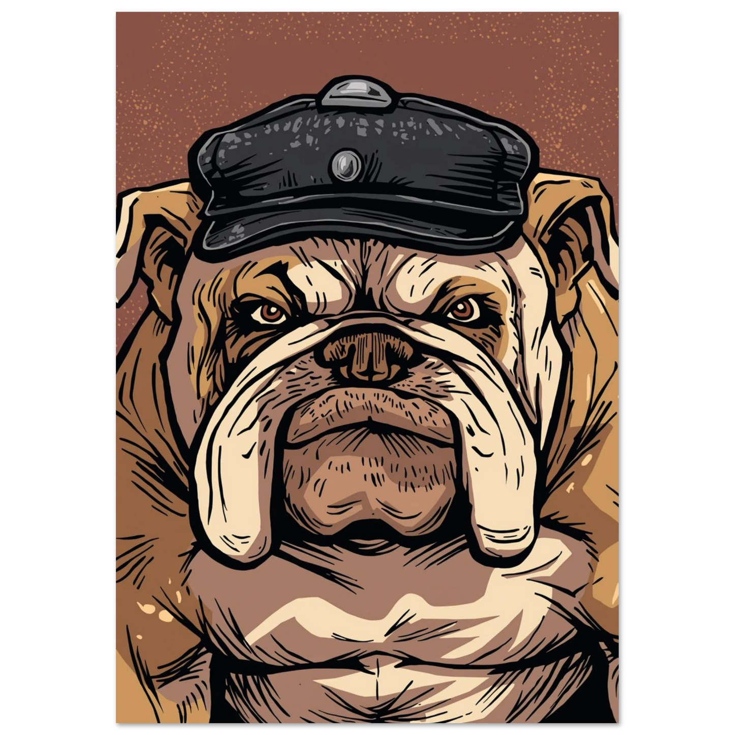 Tuff hund med keps i modern illustrationsstil, brun väggkonst