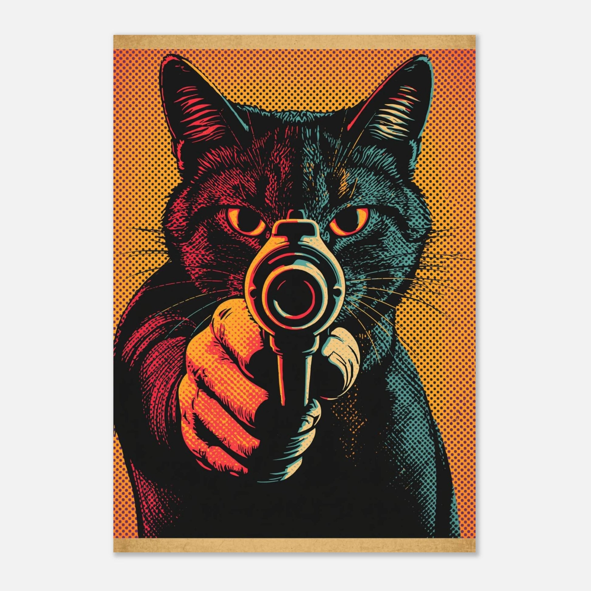 Stiliserad katt med revolver i popkonststil, intensiva färger