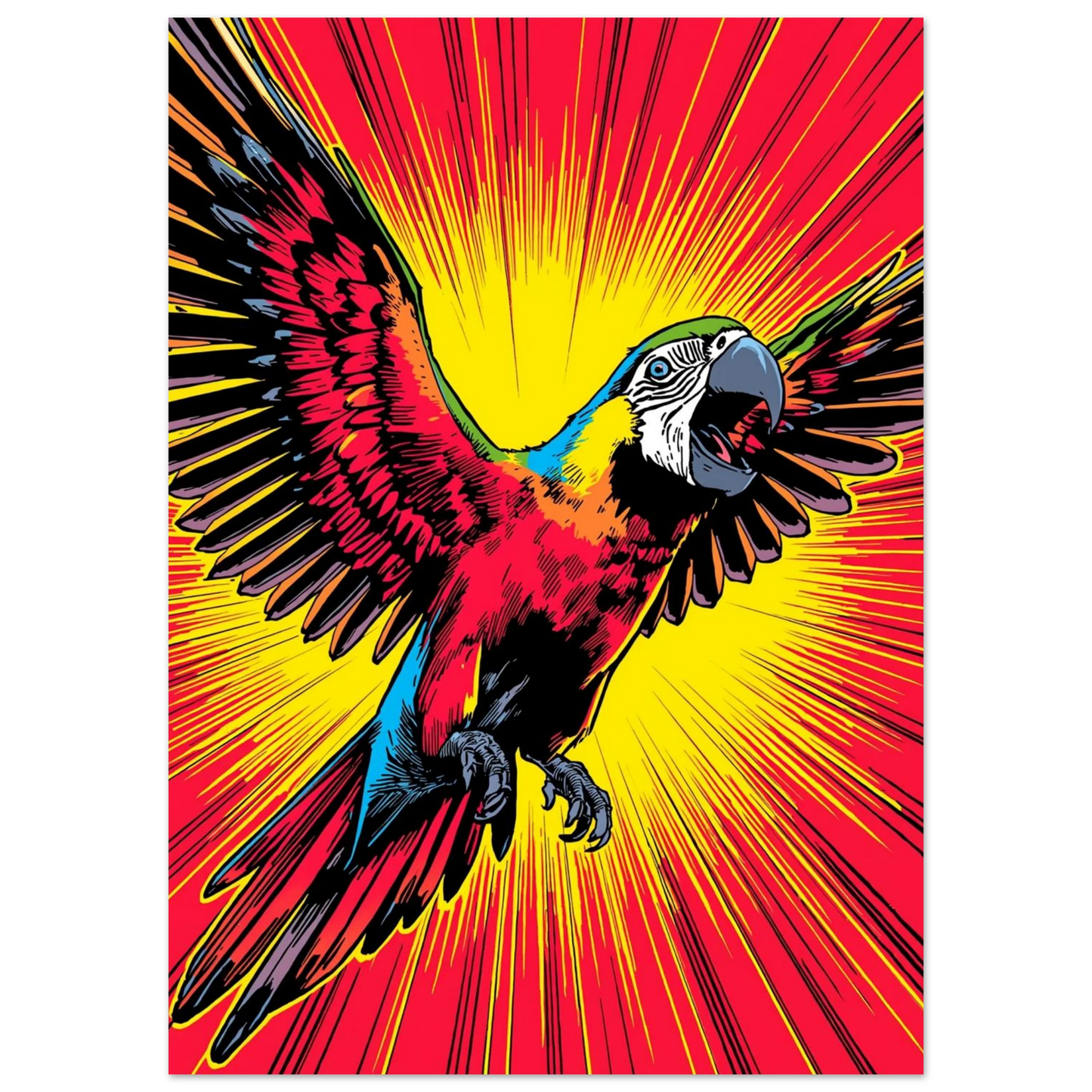 Skrikande papegoja med utbredda vingar i dynamisk grafisk illustration