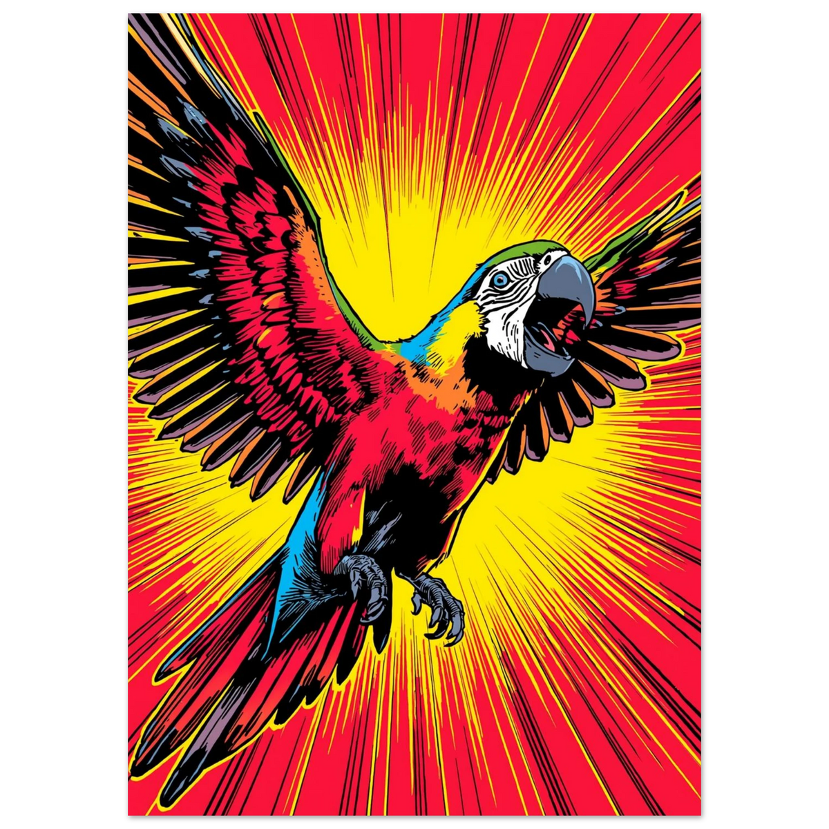 Skrikande papegoja med utbredda vingar i dynamisk grafisk illustration