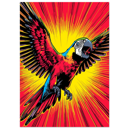 Skrikande papegoja med utbredda vingar i dynamisk grafisk illustration