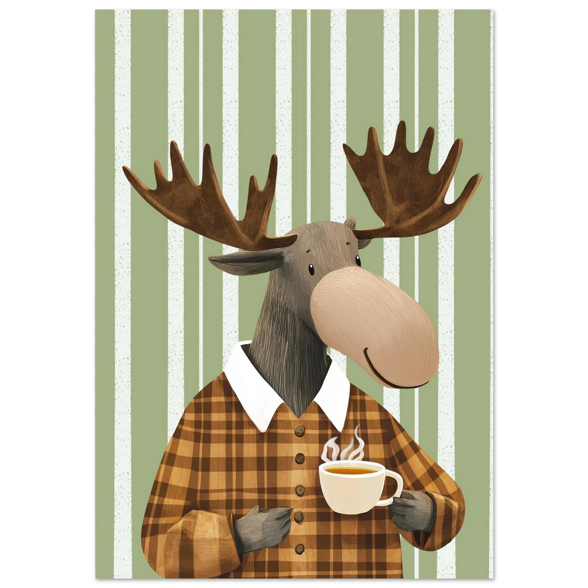 Tecknad älg med stora horn och rutig skjorta som håller i en kopp kaffe, grönvit randig bakgrund – Tecknad poster