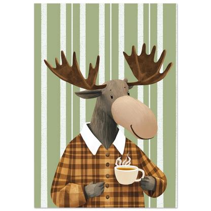 Tecknad älg med stora horn och rutig skjorta som håller i en kopp kaffe, grönvit randig bakgrund – Tecknad poster
