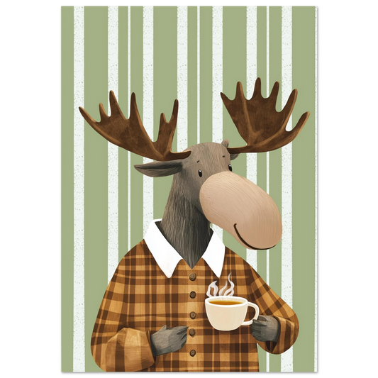 Tecknad älg med stora horn och rutig skjorta som håller i en kopp kaffe, grönvit randig bakgrund – Tecknad poster
