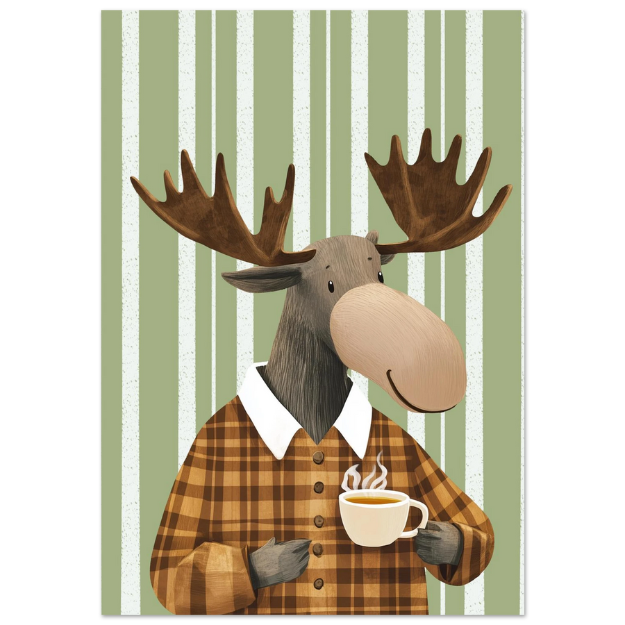Tecknad älg med stora horn och rutig skjorta som håller i en kopp kaffe, grönvit randig bakgrund – Tecknad poster
