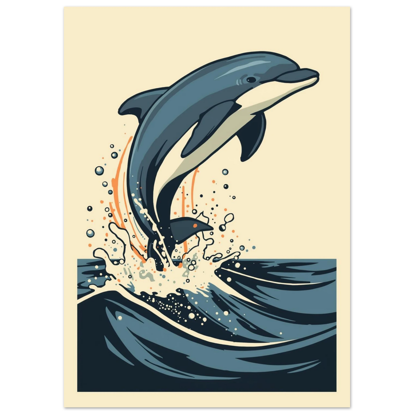 Hoppande delfin med vita vattenstänk mot beige bakgrund, marin poster