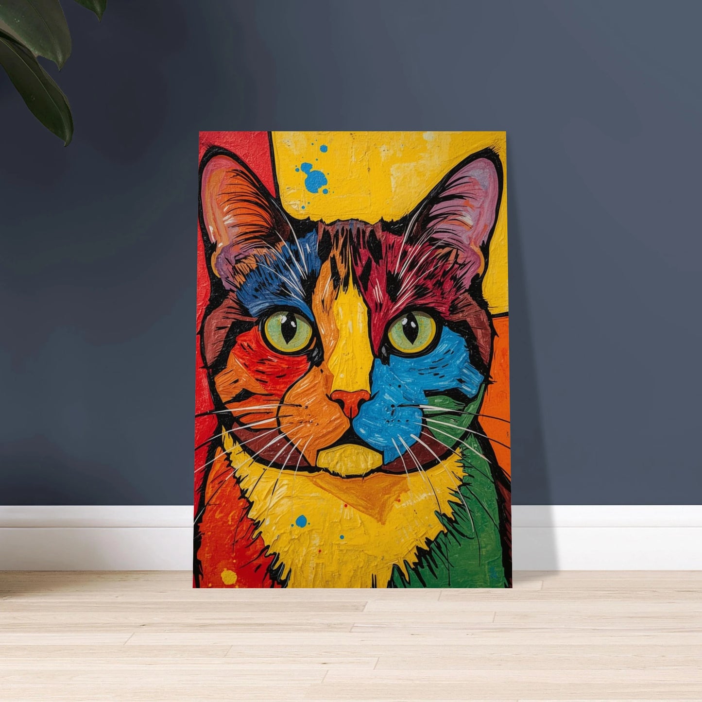 Färgstark katt i popkonststil, livfulla penseldrag, uttrycksfulla ögon