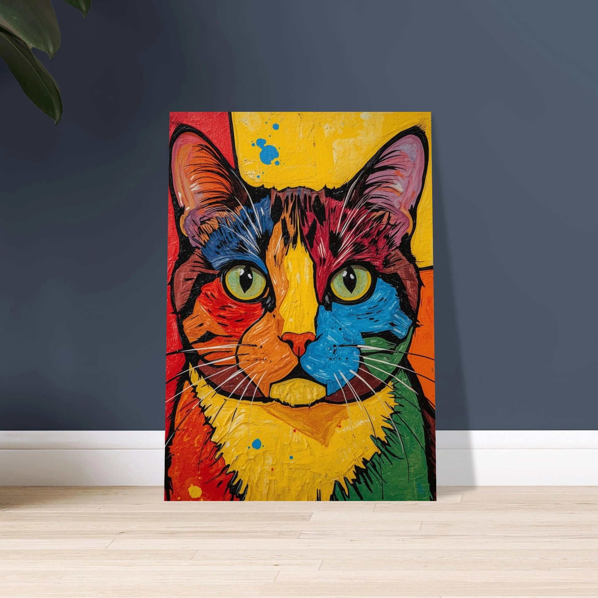 Färgstark katt i popkonststil, livfulla penseldrag, uttrycksfulla ögon