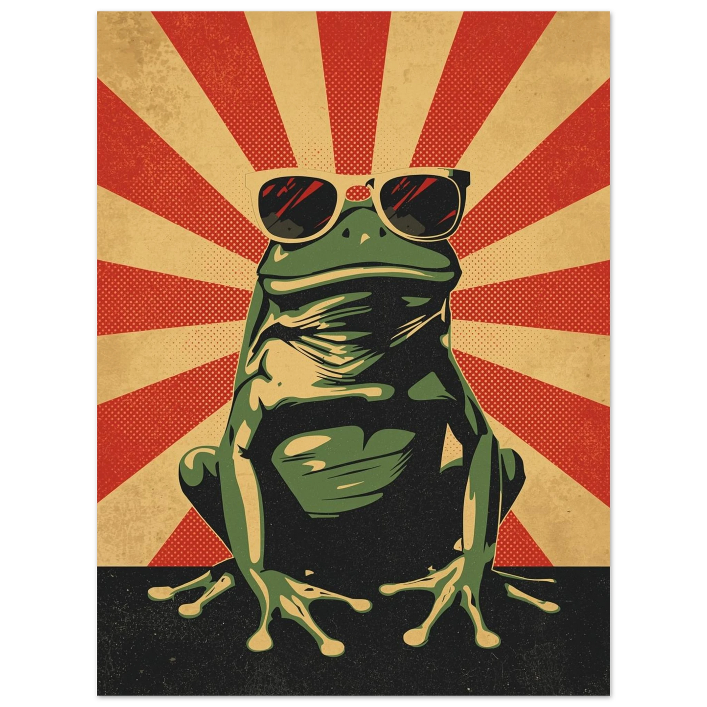 Stiliserad grodposter med solstrålar och kaxig attityd, grafisk illustration