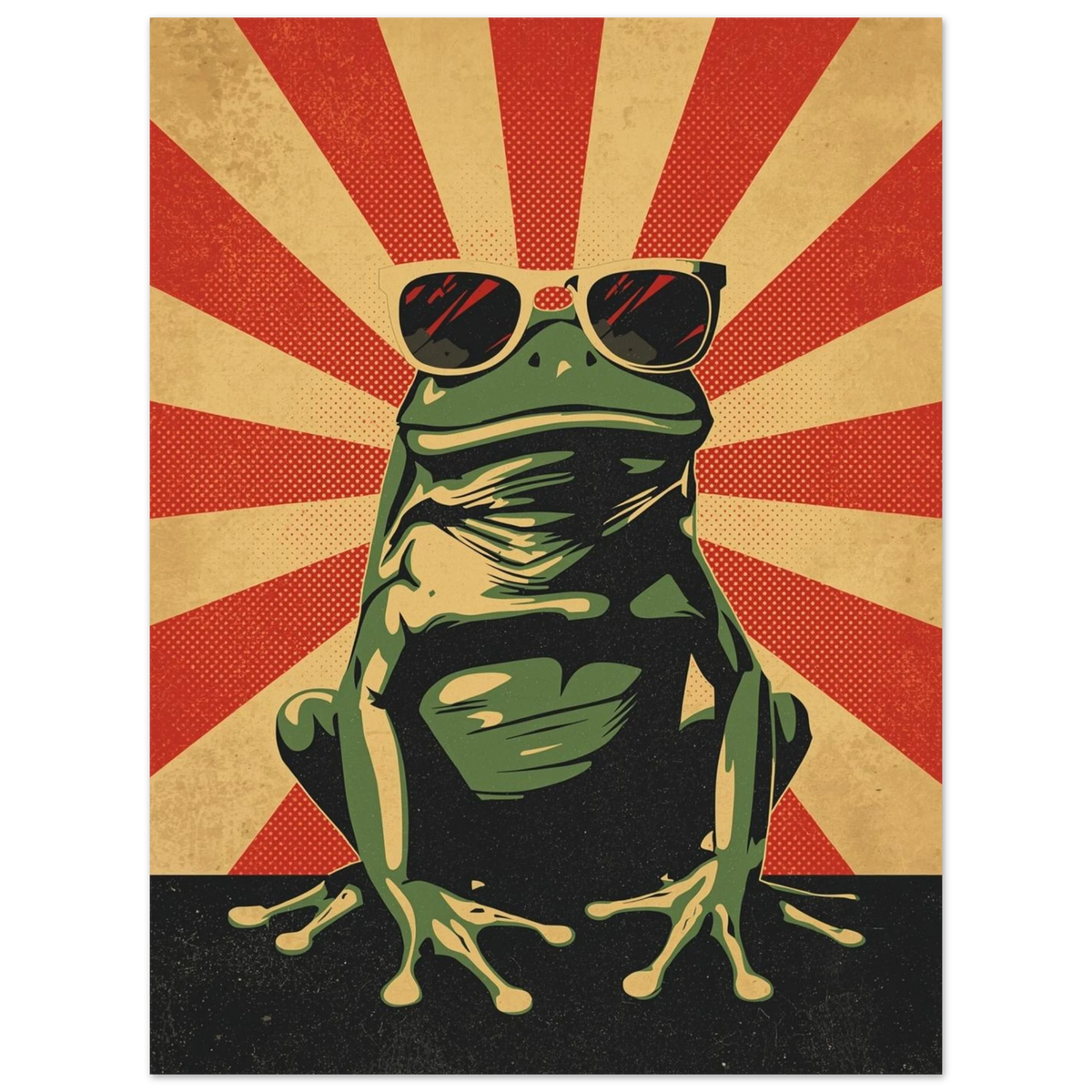 Stiliserad grodposter med solstrålar och kaxig attityd, grafisk illustration