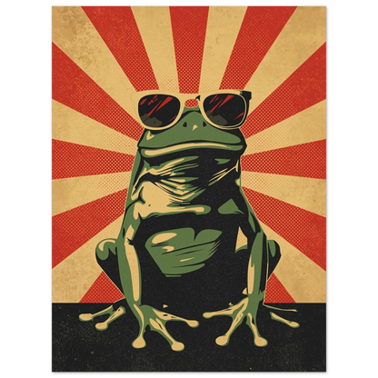Stiliserad grodposter med solstrålar och kaxig attityd, grafisk illustration