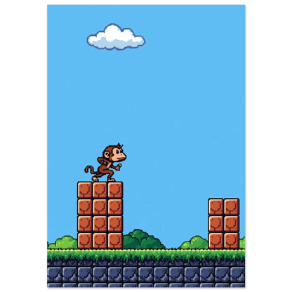Brun pixelapa på tegelblock i ett blått plattformsspel – retro djurposter