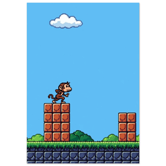 Brun pixelapa på tegelblock i ett blått plattformsspel – retro djurposter