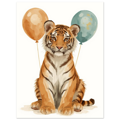 Närbild på en tigerunge med stora ögon och ballonger – djurmotiv