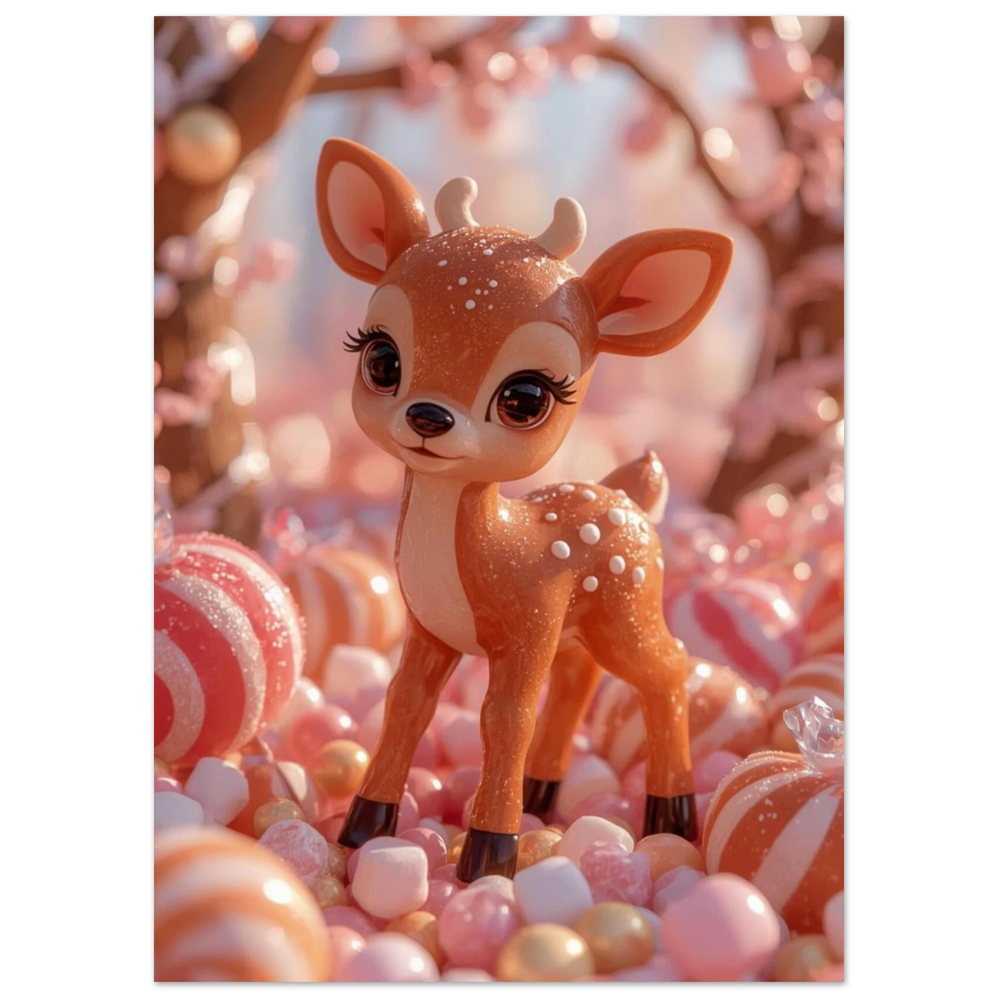 Glansig rådjursfigur i ett hav av marshmallows och polkagrisar – djurmotiv
