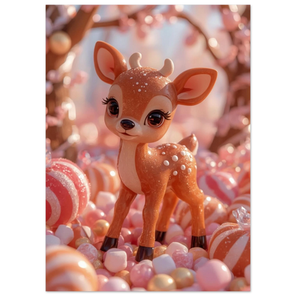 Glansig rådjursfigur i ett hav av marshmallows och polkagrisar – djurmotiv