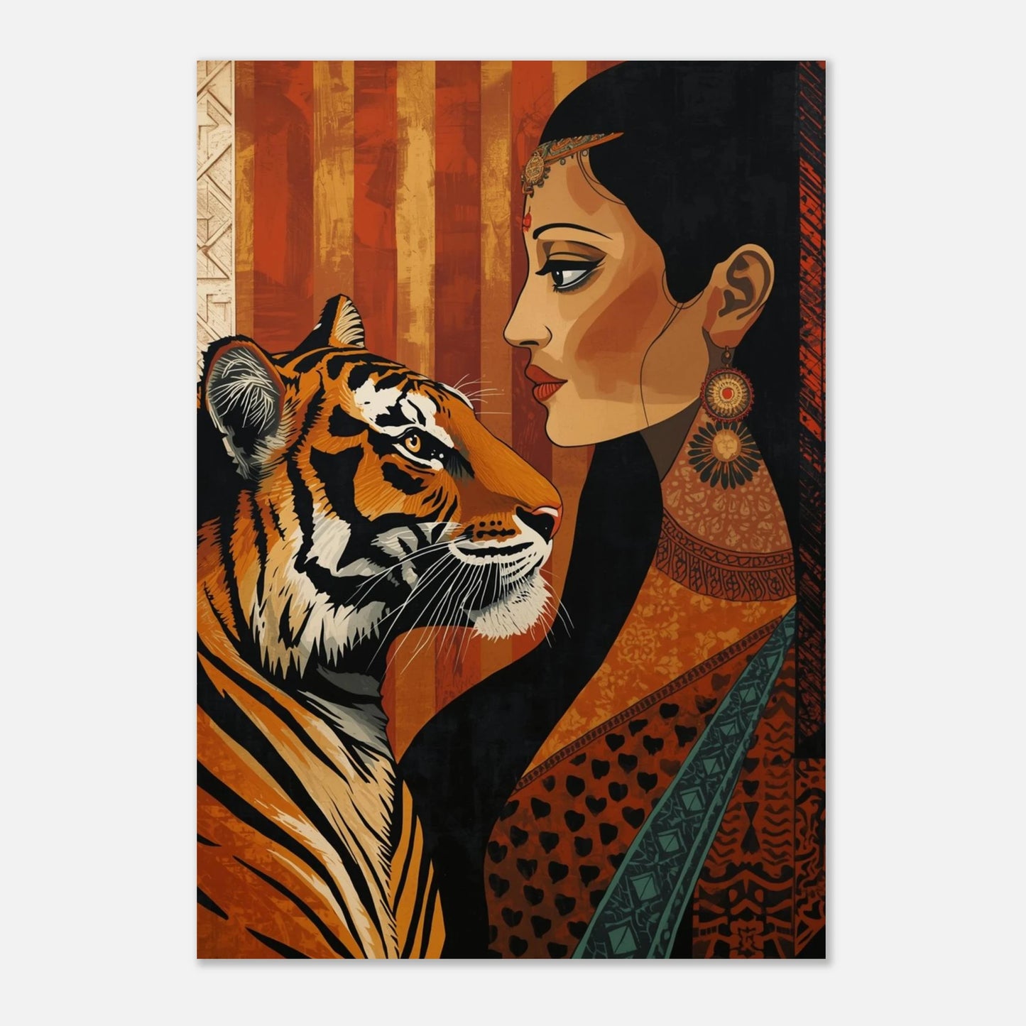Grafiskt print med tiger och kvinna i mönstrad indisk dräkt