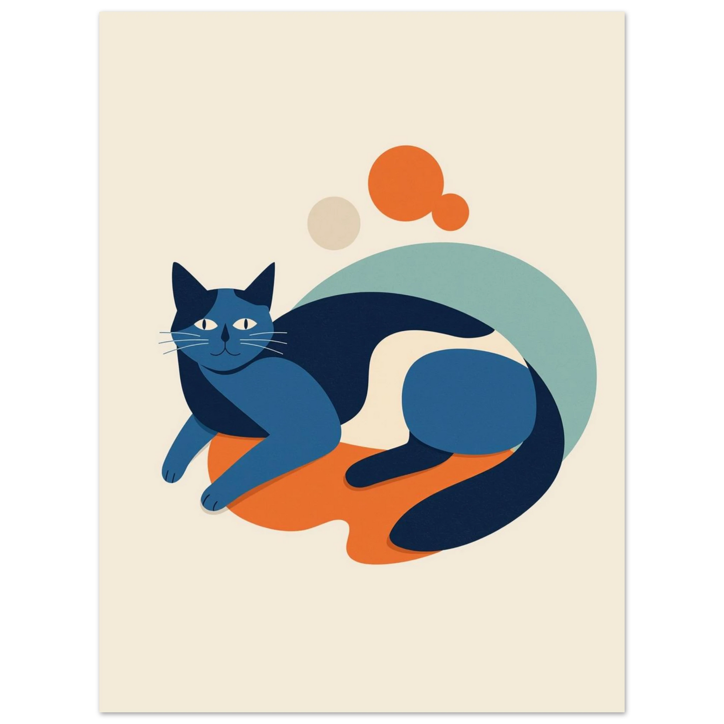 Grafiskt print av en sittande blå katt med abstrakta orange cirklar