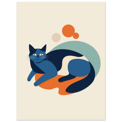 Grafiskt print av en sittande blå katt med abstrakta orange cirklar