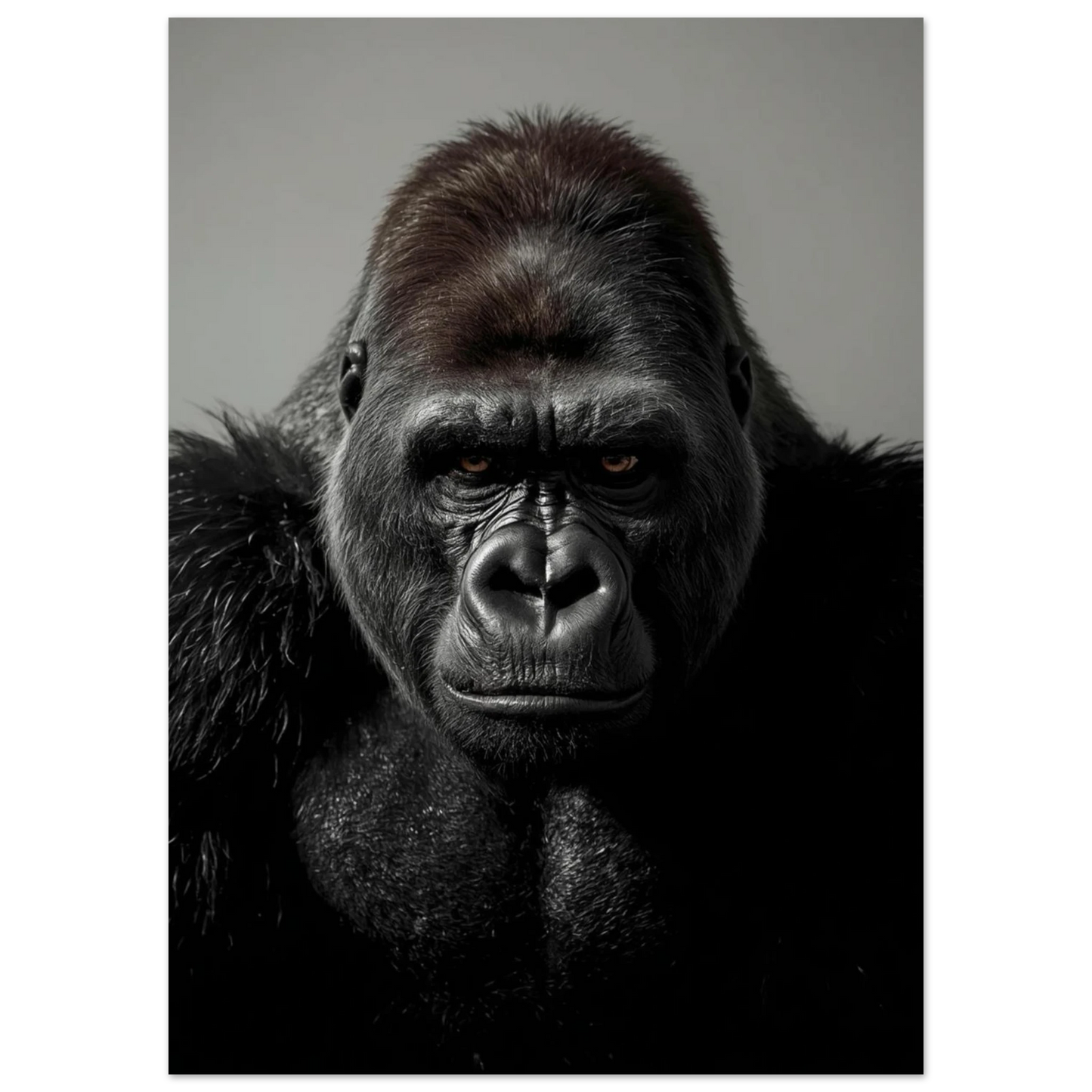 Svartvit fotoposter av en majestätisk gorilla i närbild