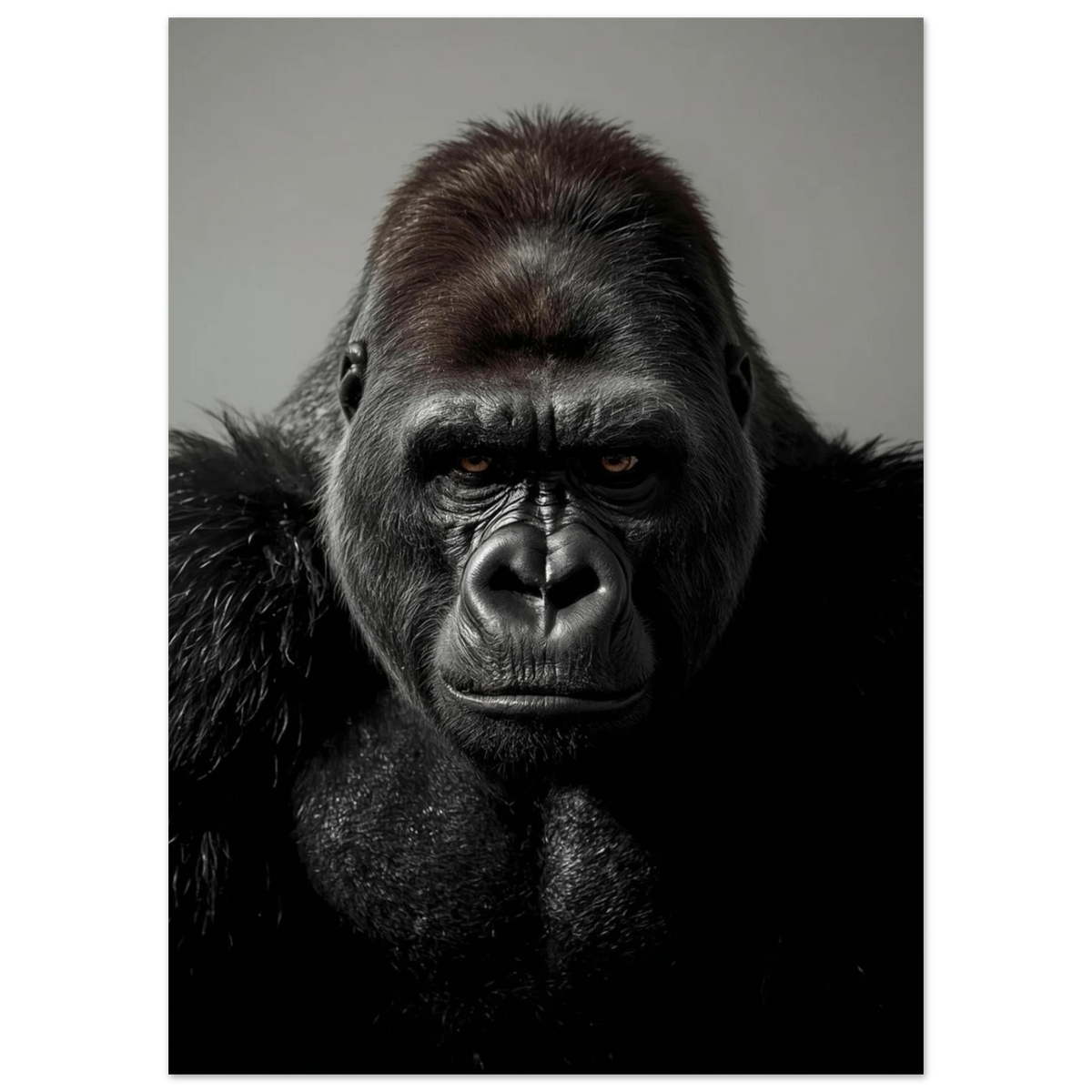 Svartvit fotoposter av en majestätisk gorilla i närbild