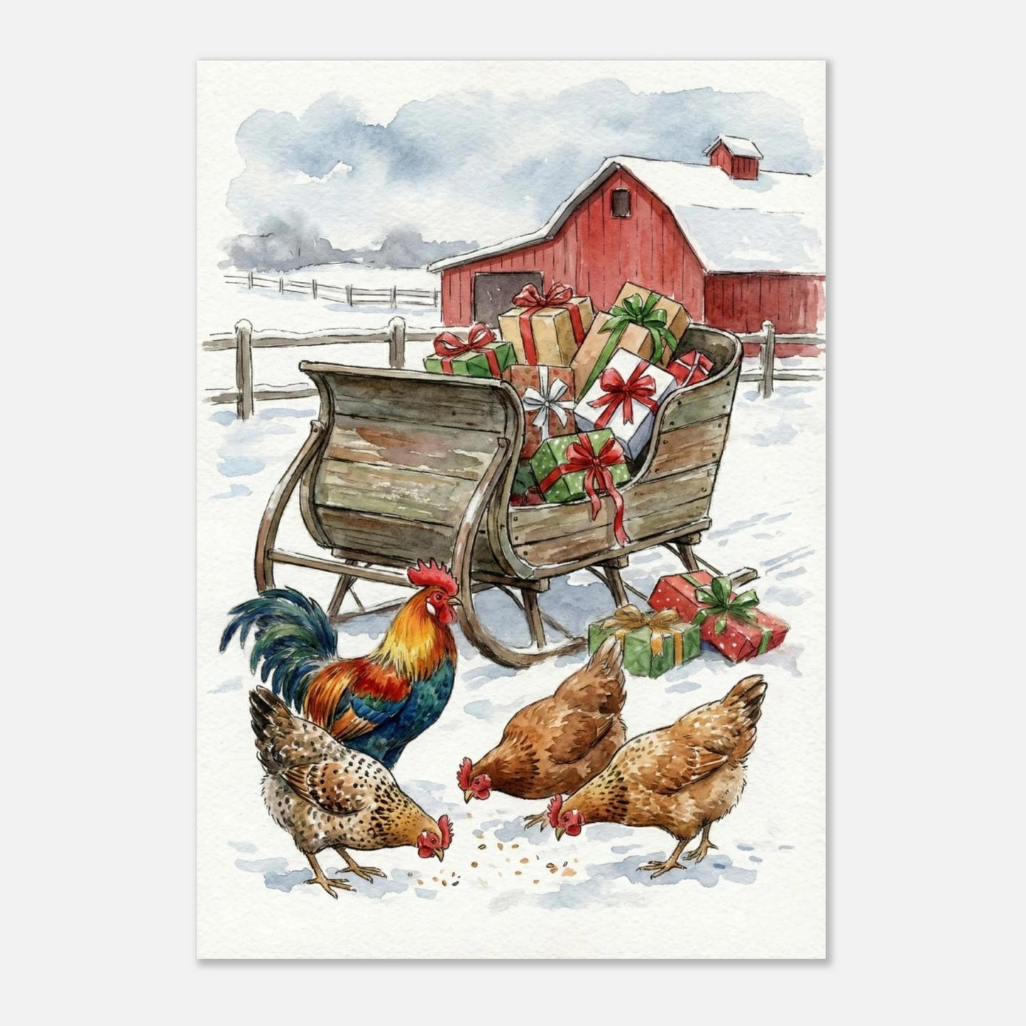 Vinterscen med höns och julklappar på en gammaldags träsläde