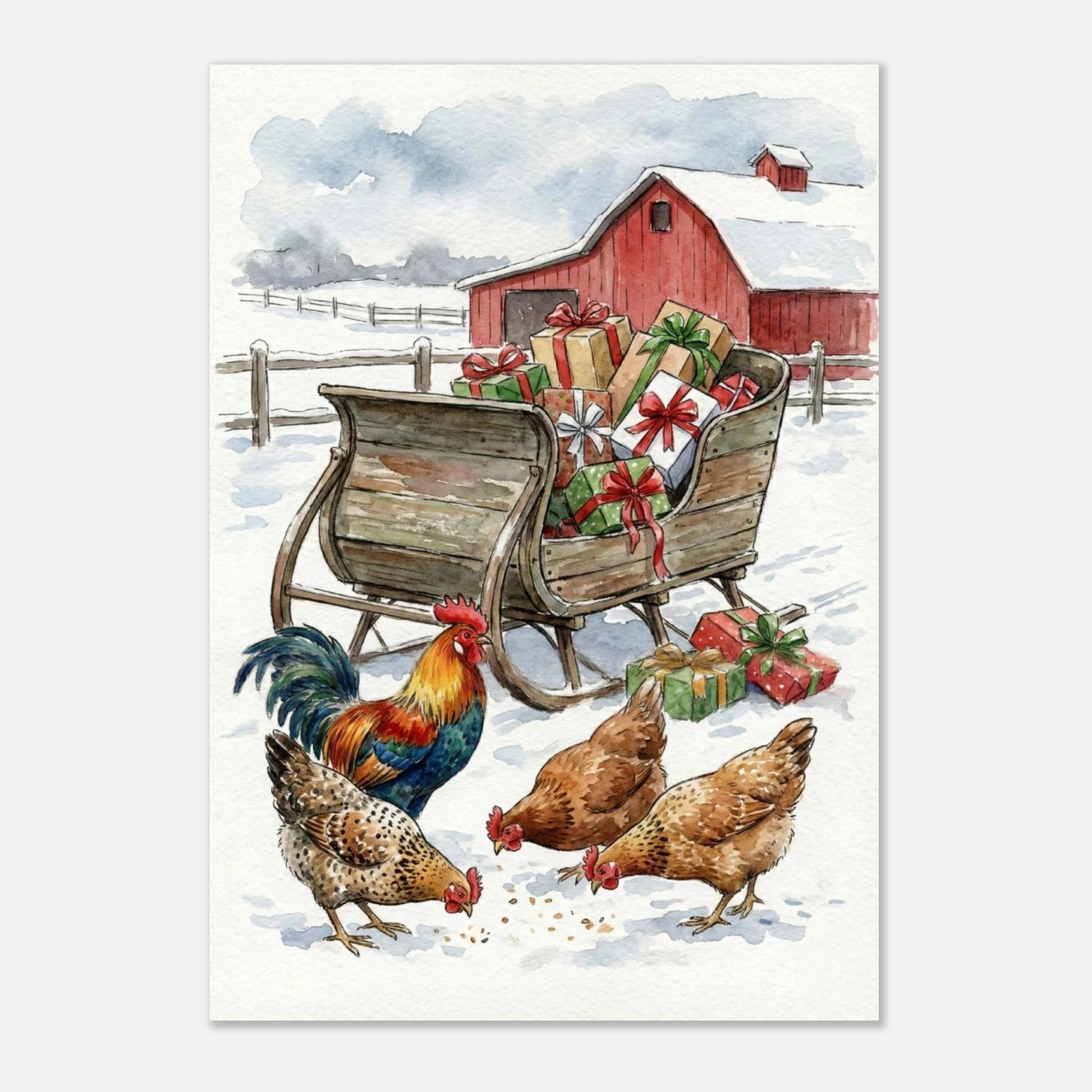 Vinterscen med höns och julklappar på en gammaldags träsläde