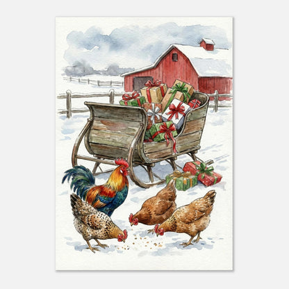 Vinterscen med höns och julklappar på en gammaldags träsläde