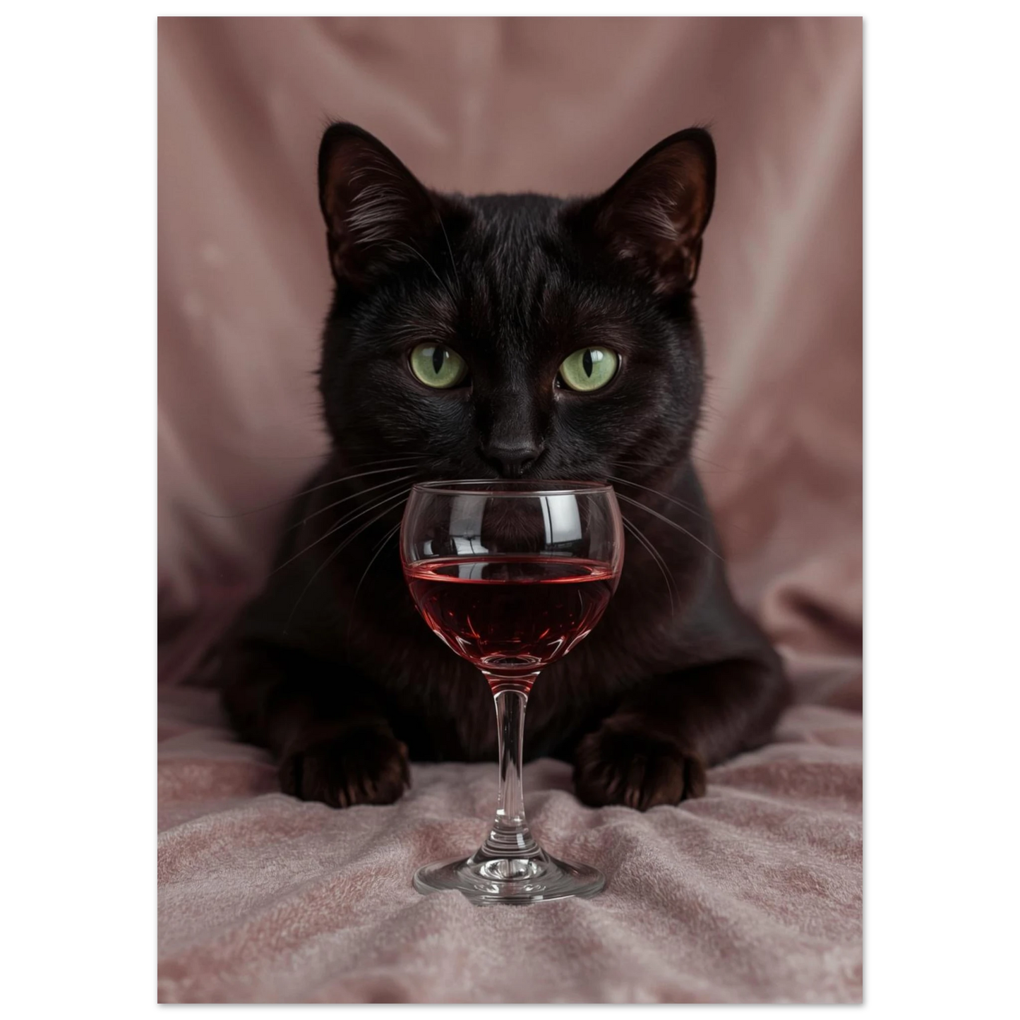 Närbild på svart katt som poserar med ett glas rödvin, dova rosa toner