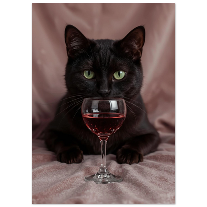 Närbild på svart katt som poserar med ett glas rödvin, dova rosa toner