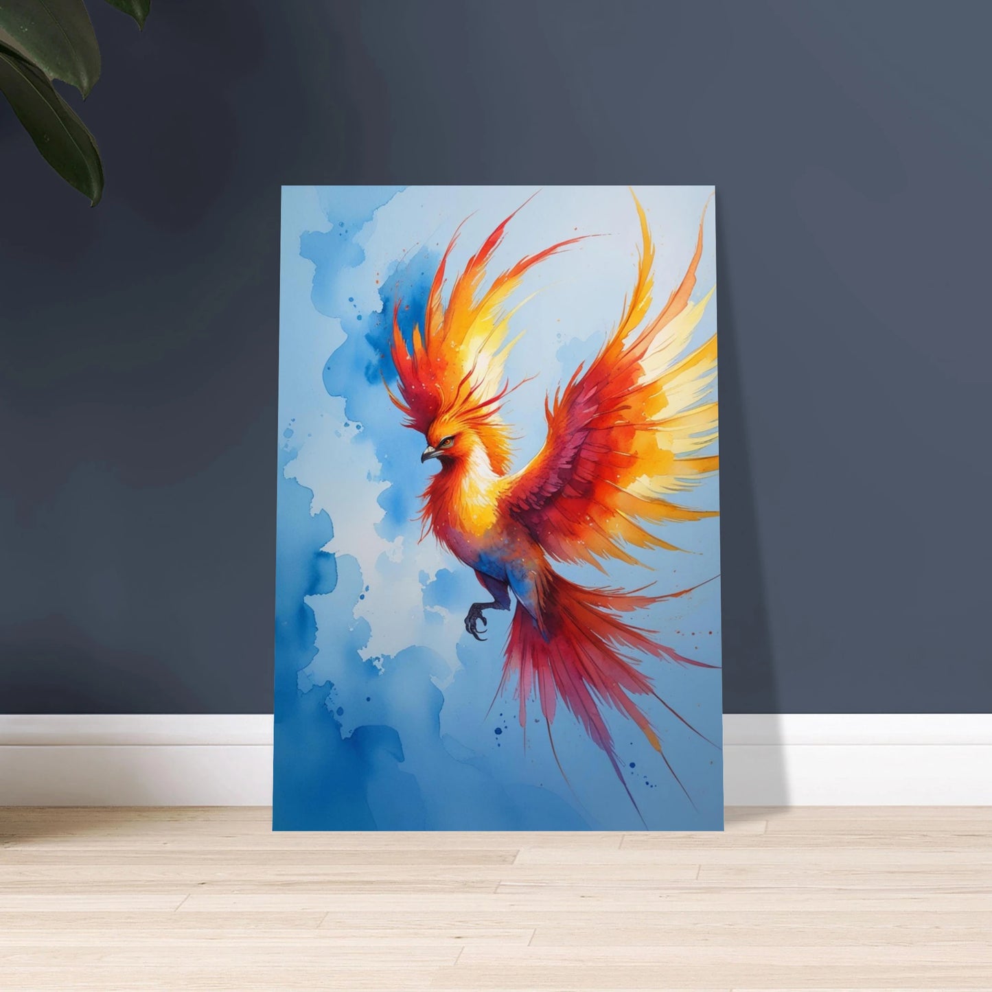 Fenix fågel i eldiga färger mot blå himmel, akvarellkonst.