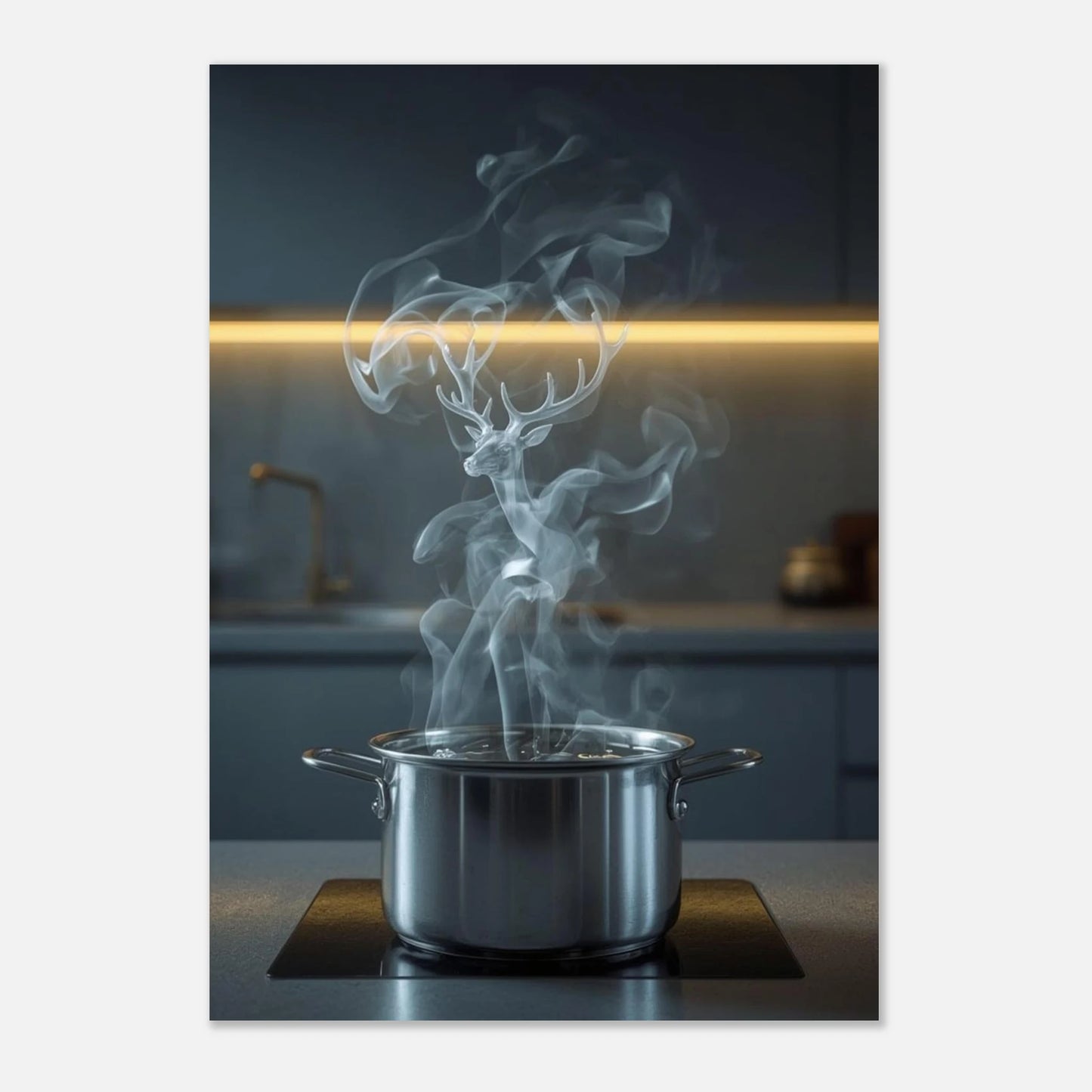Modern väggkonst med en mystisk hjortfigur i ett stilrent kök