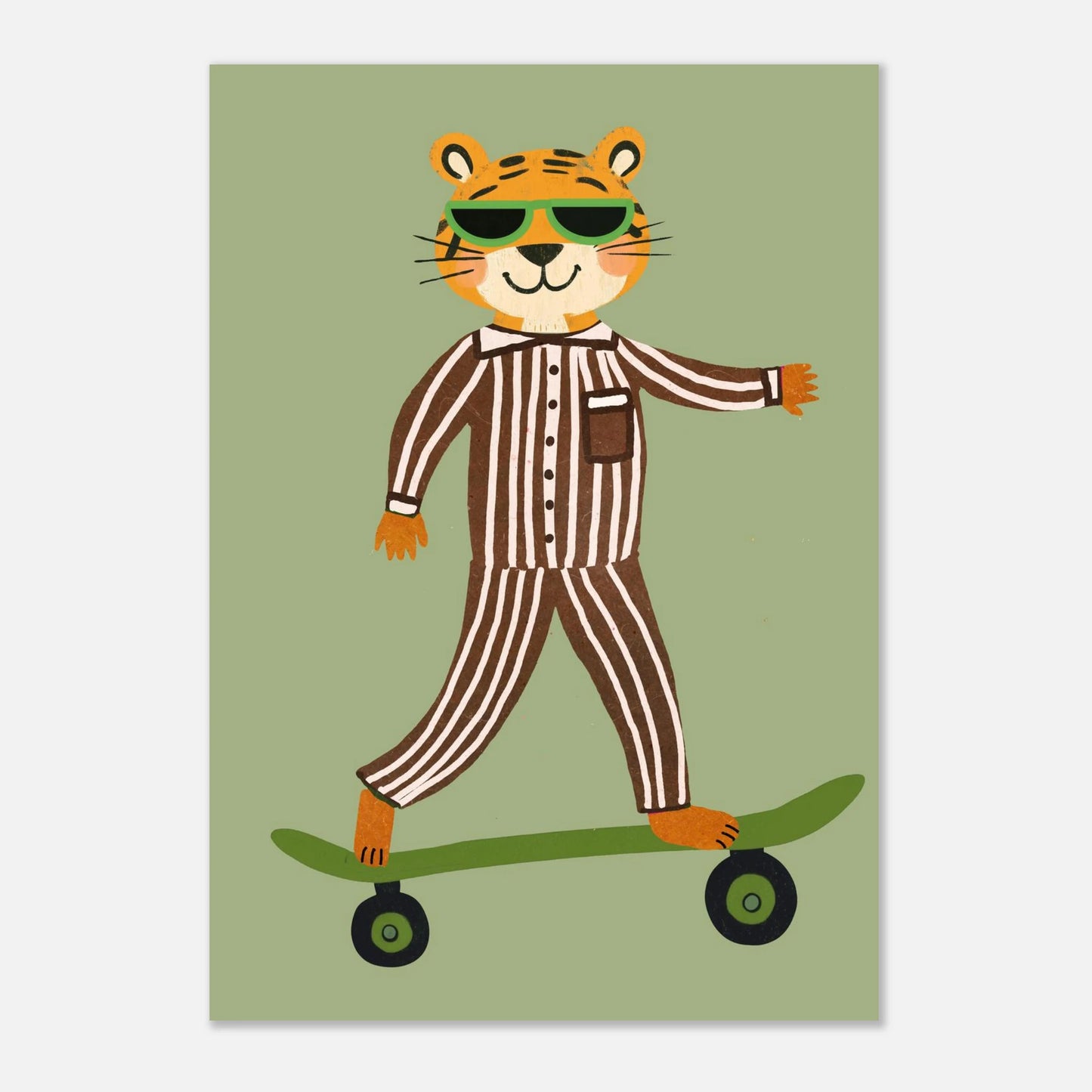 Illustration av tiger i pyjamas på skateboard mot grön bakgrund
