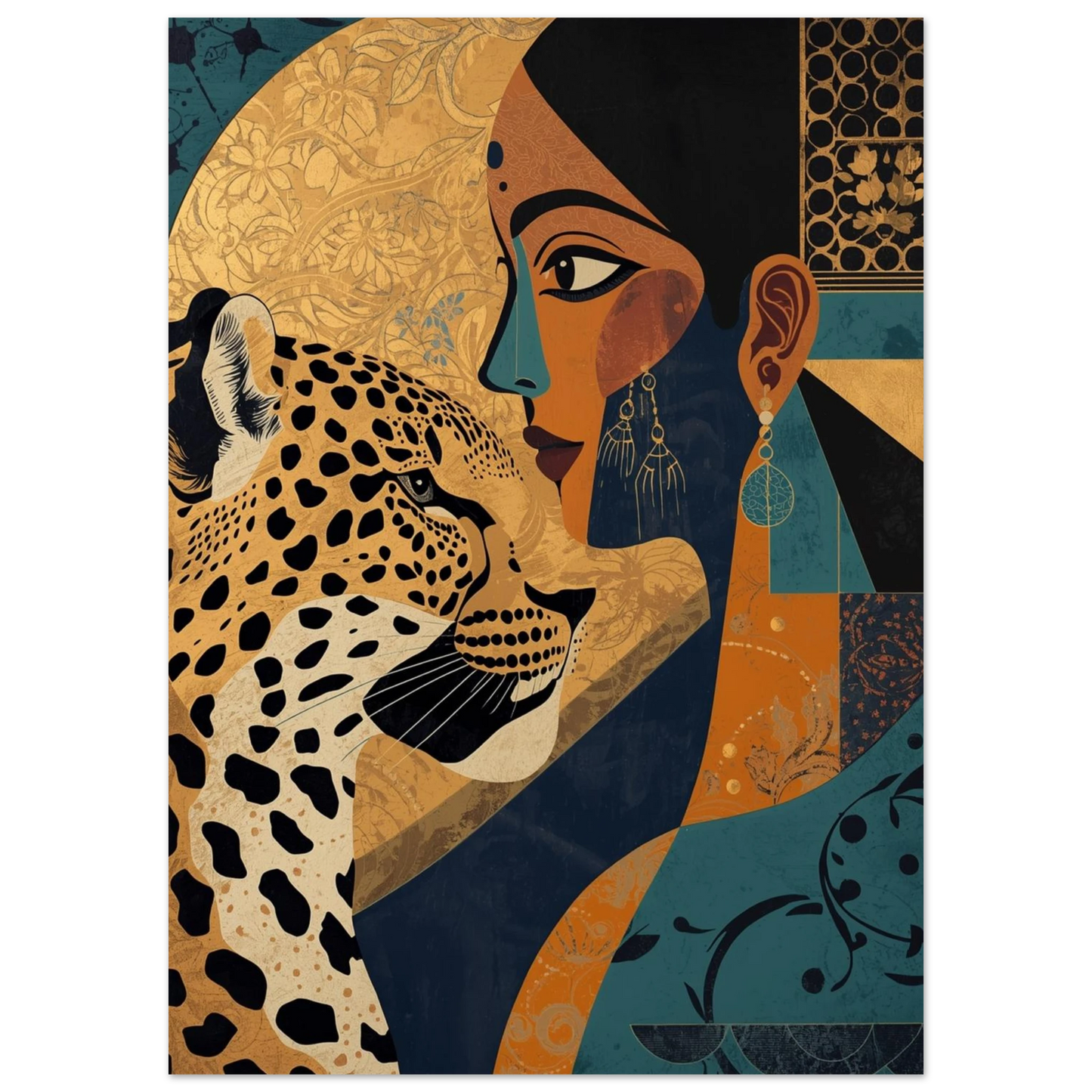 Närbild på leopardens fläckar och kvinnans smycken, modern grafisk tavla