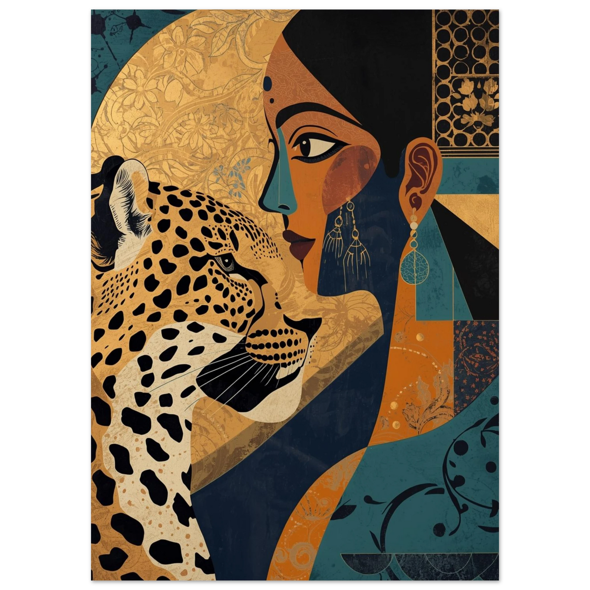 Närbild på leopardens fläckar och kvinnans smycken, modern grafisk tavla