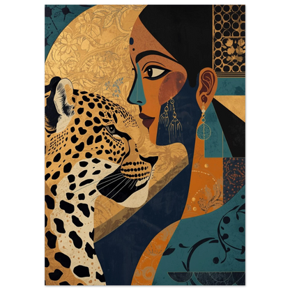 Närbild på leopardens fläckar och kvinnans smycken, modern grafisk tavla