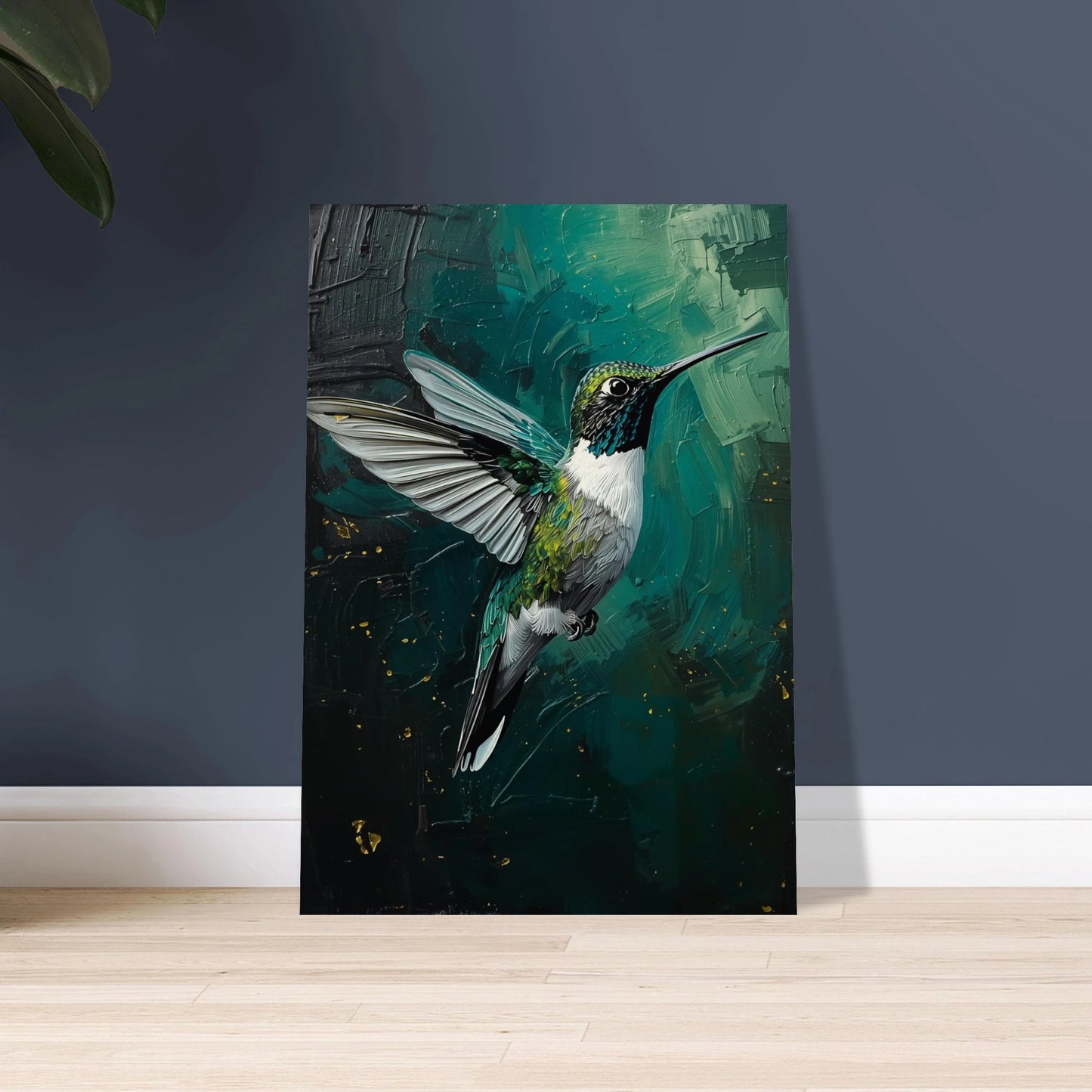 Kolibri i impasto-stil, med gröna och blå toner mot mörk bakgrund.
