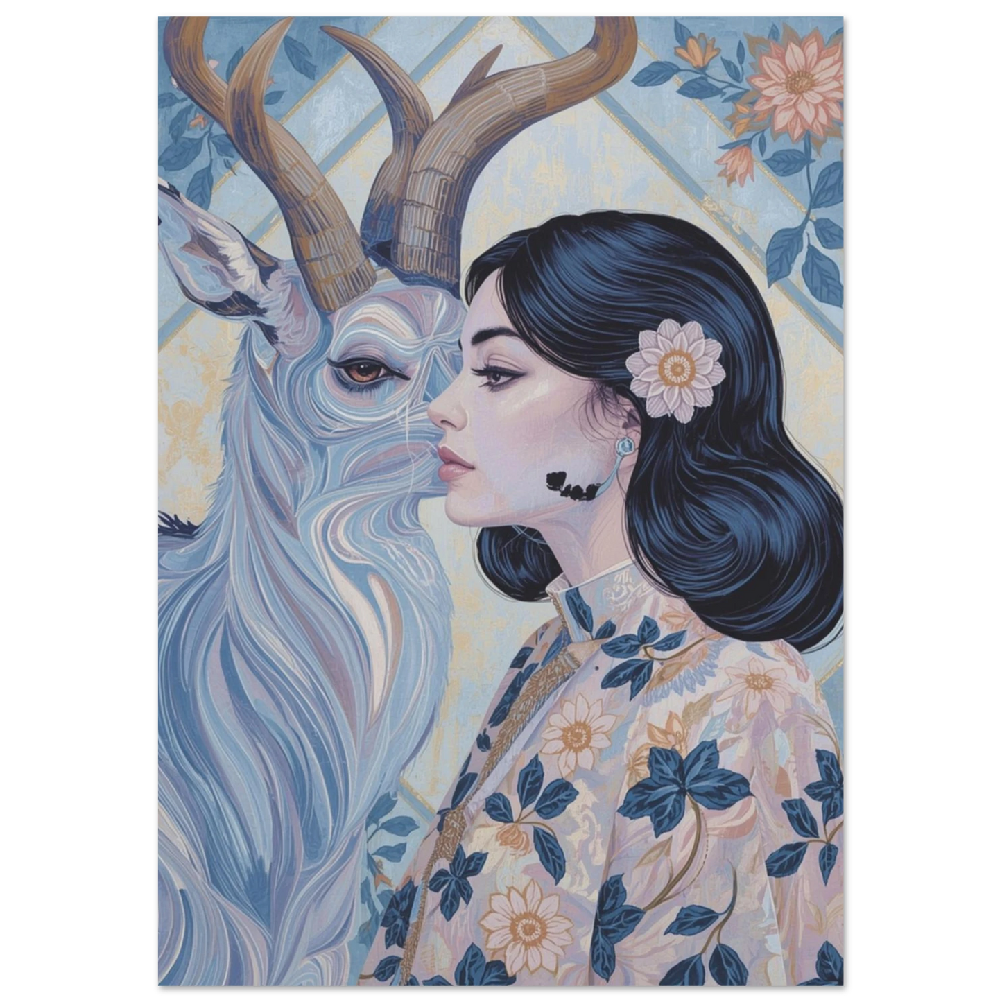 Folkkonst-illustration av en antilop med majestätiska horn och blommiga detaljer