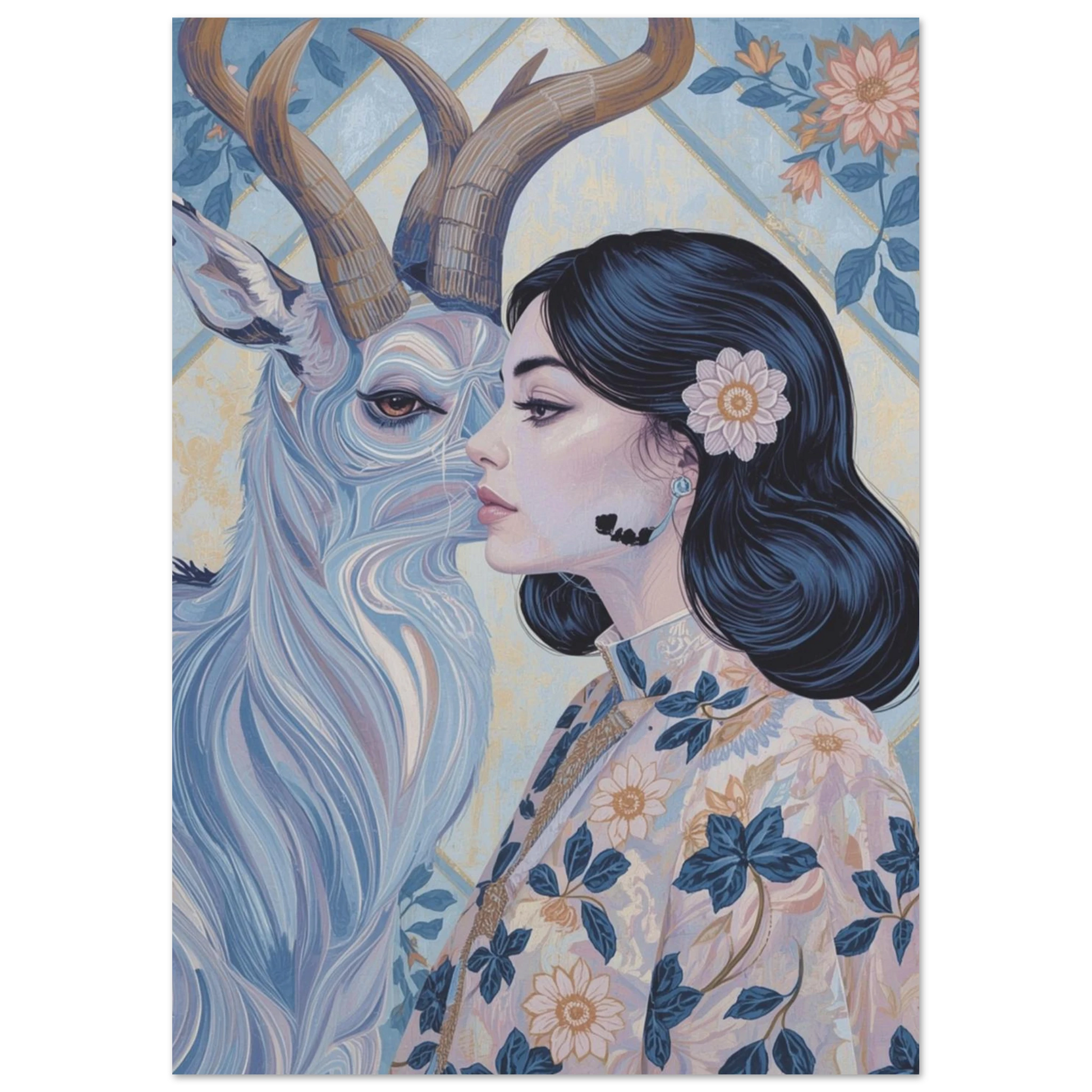 Folkkonst-illustration av en antilop med majestätiska horn och blommiga detaljer