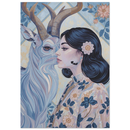 Folkkonst-illustration av en antilop med majestätiska horn och blommiga detaljer