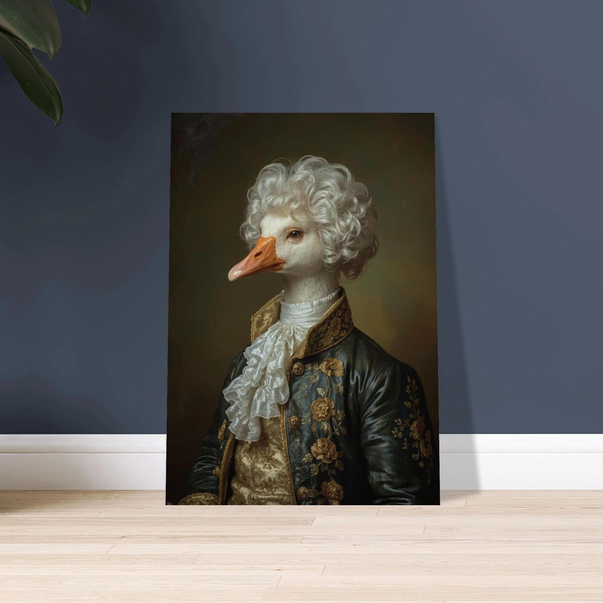 Aristokratisk gås i peruk och historiska kläder, elegant djurporträtt