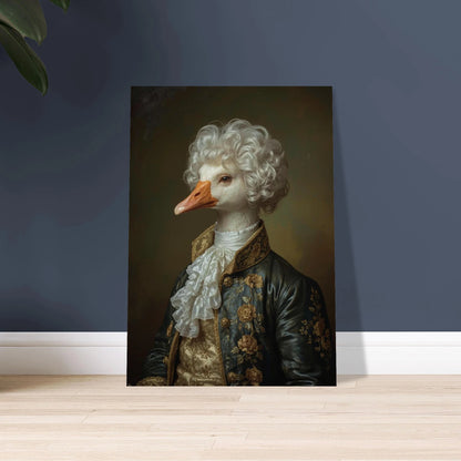 Aristokratisk gås i peruk och historiska kläder, elegant djurporträtt