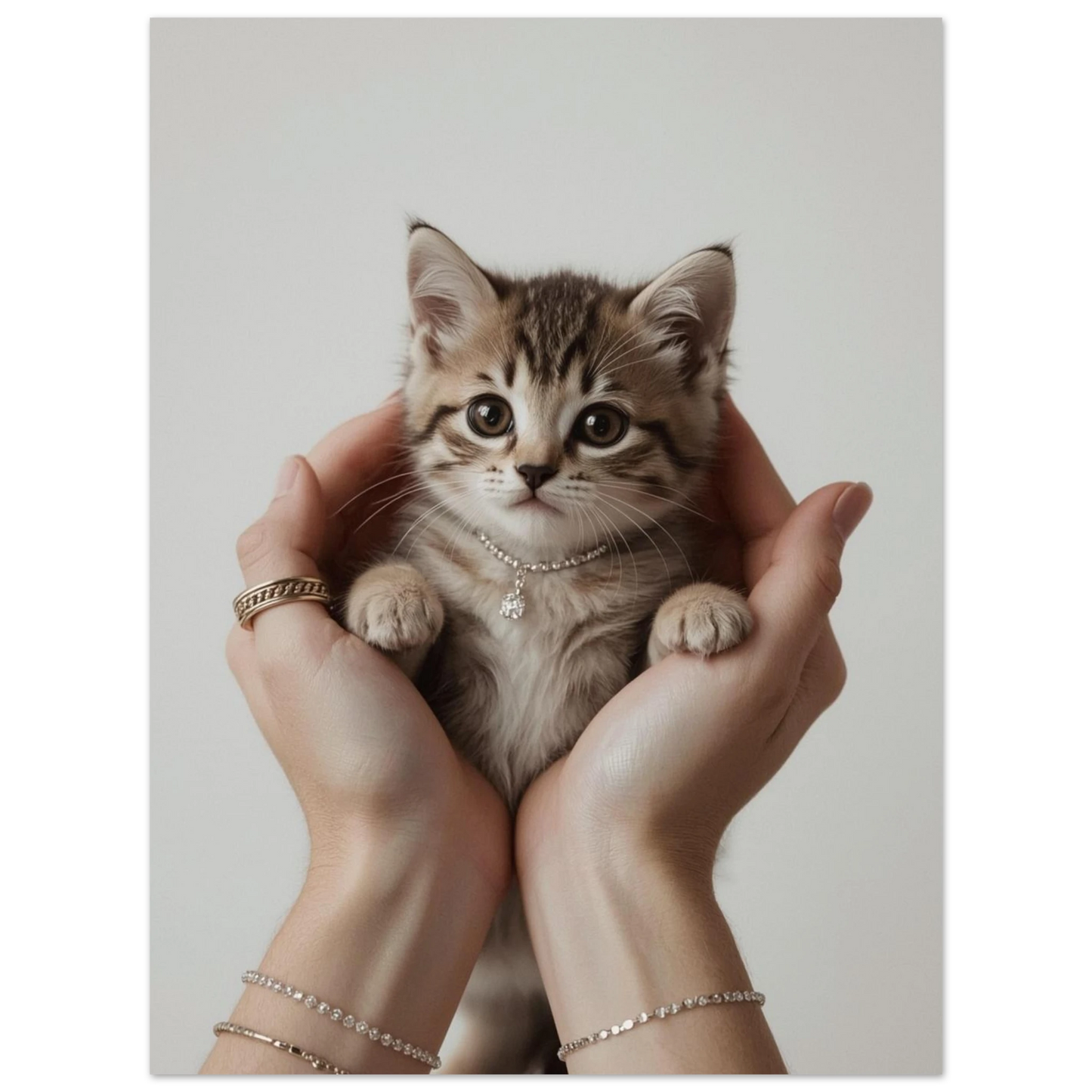 Fotografi av en liten kattunge i trygg famn – väggkonst