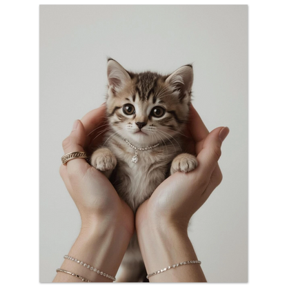 Fotografi av en liten kattunge i trygg famn – väggkonst