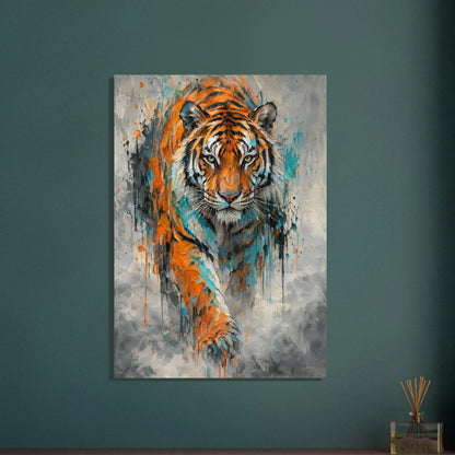 Tiger i expressiv oljemålning med intensiv blick och färgstänk