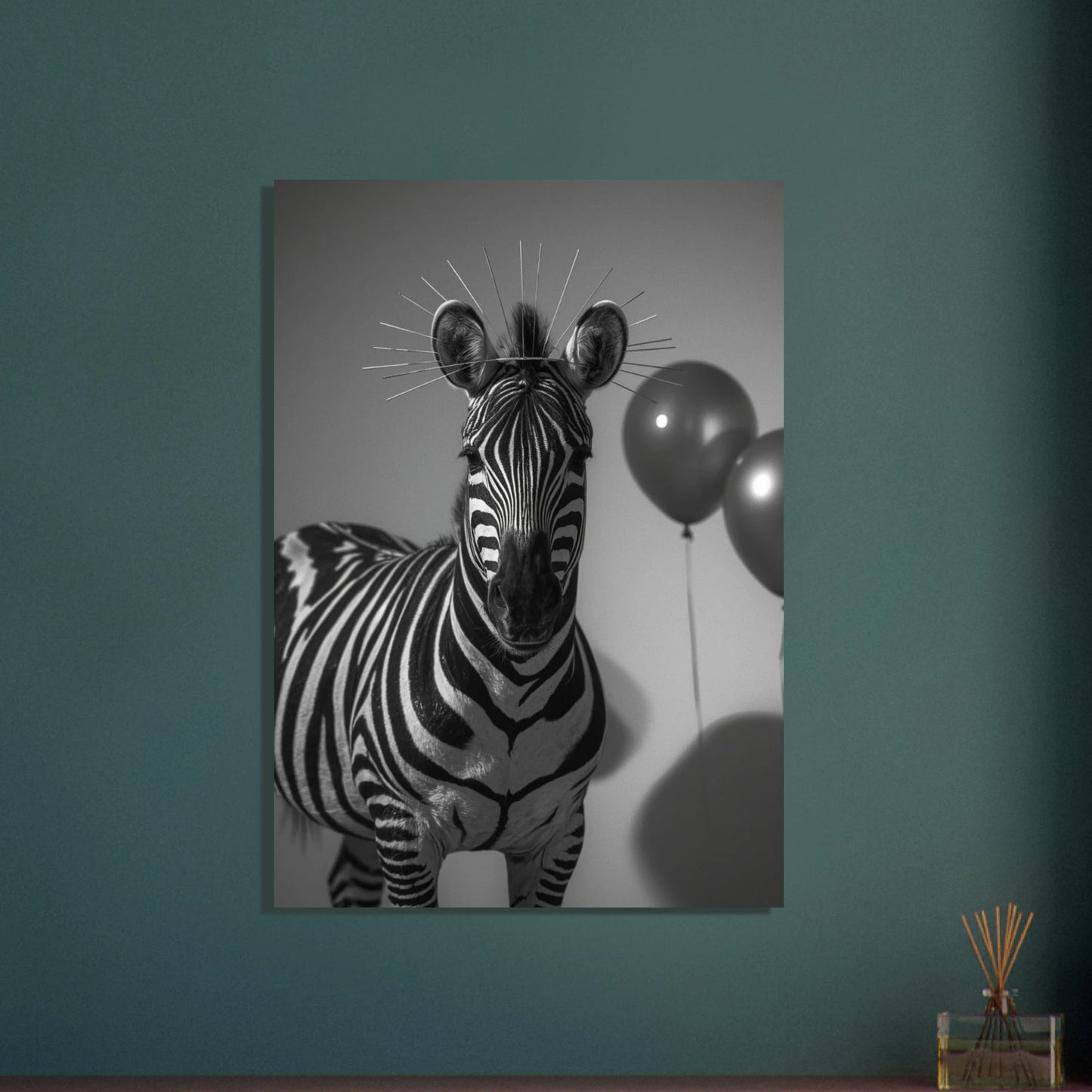 Zebra i svartvitt med metalliska strålar och ballonger