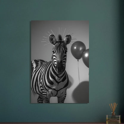 Zebra i svartvitt med metalliska strålar och ballonger